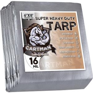 CARTMAN Finished Size 6x8 Feet Extra Thick 16 Mil Ultra Heavy Duty Poly Tarp, Multipurpose Protective Cover, UV Resistant, Waterproof Poly Tarpaulin with Reinforced Edges (Silver/Black 16mil)