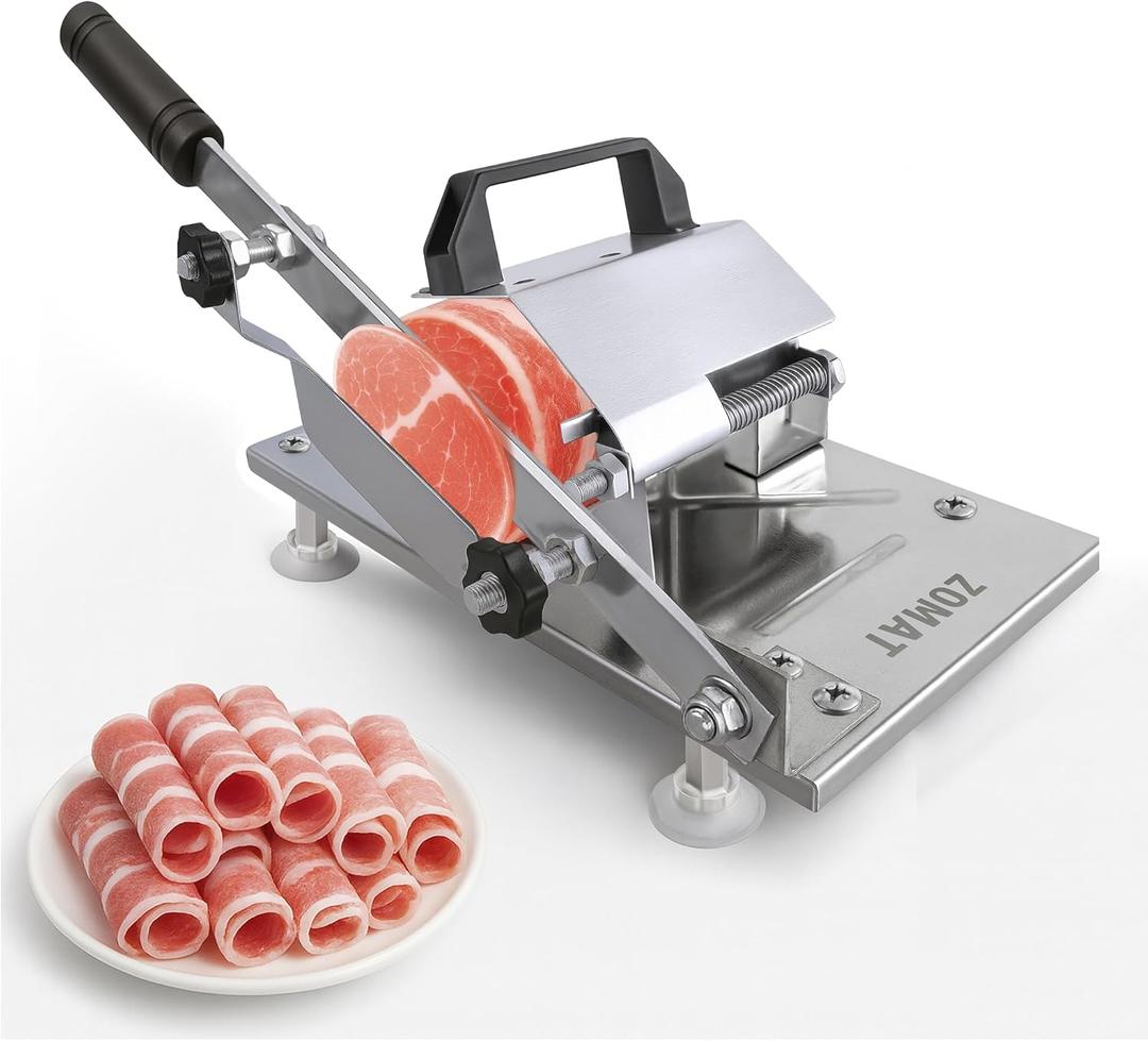 ZOMAT Manual Meat Slicer for Home  Stainless Steel Frozen Meat Cutter with Extra Blade  Adjustable Thickness  Heavy Duty Handheld Slicer for Hot Pot, BBQ, Deli