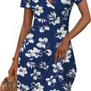 MSBASIC Womens Summer Wrap V Neck Casual Dresses Floral Short Sleeve A-Line Midi Sundress (Blue, M)