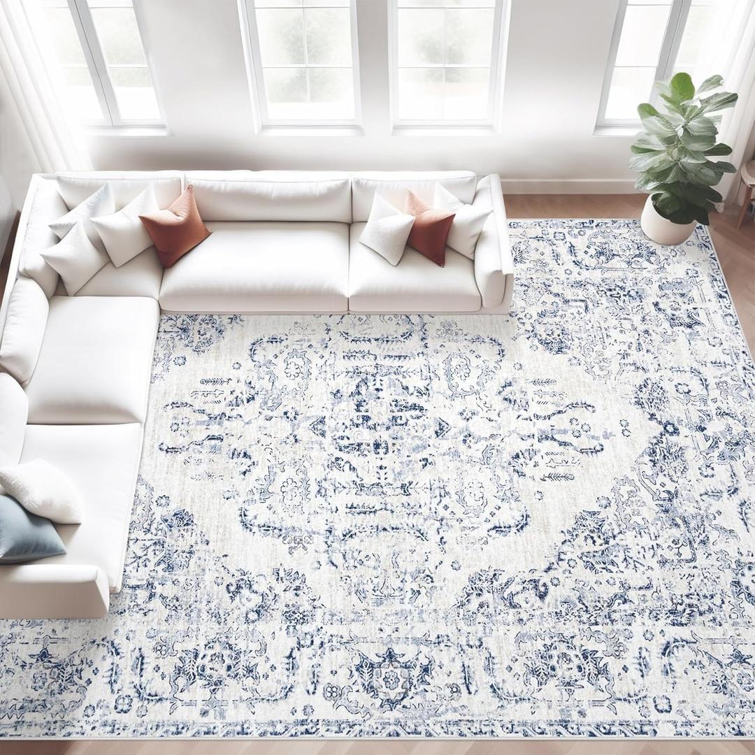 9x12 Area Rugs for Living Room: Washable Rug Vintage Large Rugs Soft Non Slip Low Pile Rug Floral Distressed Floor Carpet for Bedroom Dining Room Home Office (Blue,9'x12')