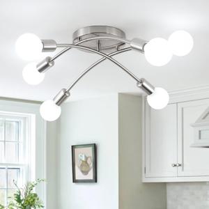 6-Lights Semi Flush Mount Ceiling Light, Modern Kitchen Light Fixtures, Industrial Sputnik Chandelier, Brushed Nickel Farmhouse Ceiling Mount Lighting Fixtures for Dining Room, Bedroom, Living Room