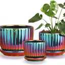Ton Sin Flower Pots, Purple Ceramic Plant Pots Set of 3,Small Glazed Succulent Pots with Drainage Hole,Cactus Planter with Saucer,Outdoor Garden Pots (Colorful Gold)