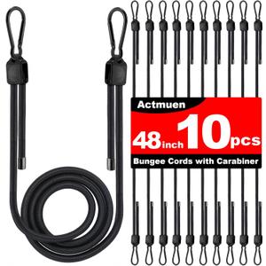 10PCS 48Inch Bungee Cords with Hooks,10-48 Inch Adjustable Bungee Cords, Natural Latex Elastic Ropes - Black Elastic Straps for Camping Gear, Home Storage, Office Organization