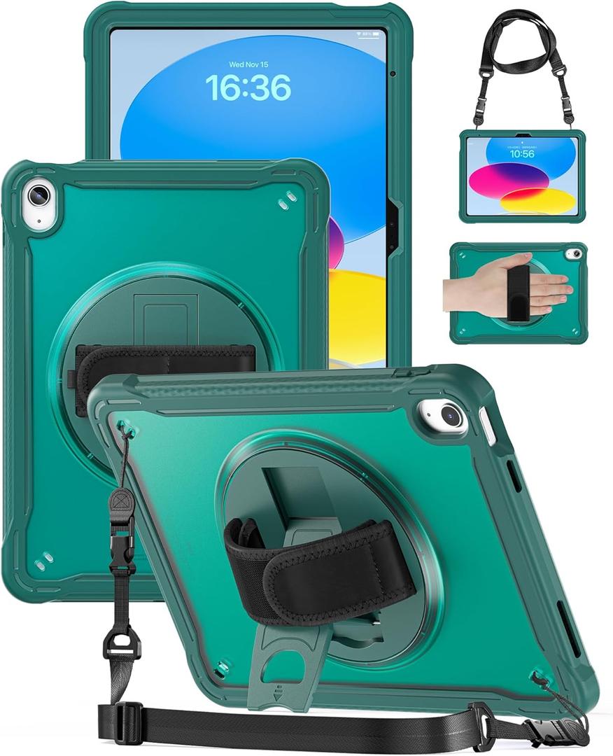Case for iPad (A16) 11th/10th Generation 11''/10.9'' 2025/2022 Kids with Pencil Holder 360Rotate Handle Strap/Stand (Dark Green)