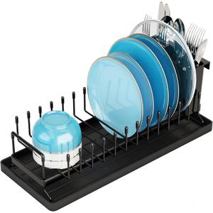 ANTOPY Small Dish Drying Rack - Compact Dish Rack for Kitchen Counter with Silicone Dish Drying Mat, Stainless Steel Dish Drainer for Kitchen Sink Cabinet, Space Saving Plate Rack Cutlery Holder (15.4 Inch)