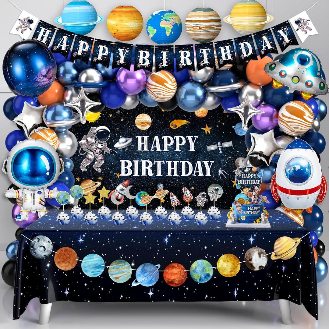 Outer Space Birthday Party Decorations Space Themed Party Supplies Planet Banner Backdrop Cake Topper Solar System Paper Lantern Galaxy Tablecloth Balloon Garland Kit for Space Astronaut Party Decor