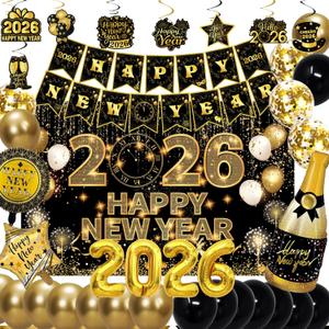 New Years Eve Party Supplies 2026 with happy New Year Banner,Backdrop,Balloons,for New Year Party Decorations