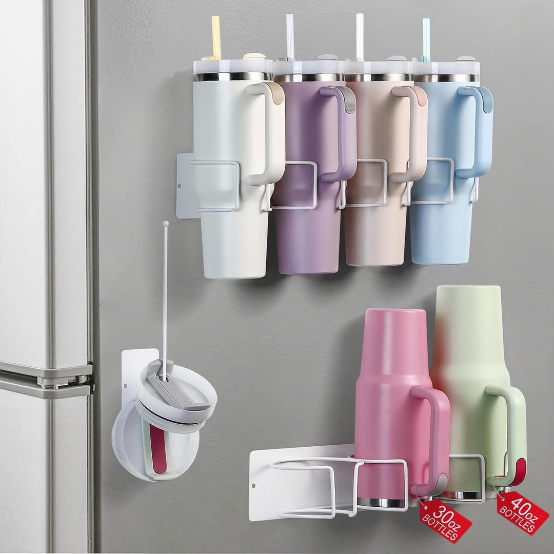Magnetic Cup Holder for Stanley Cup 40 oz,2 pack Water Bottle Organizer for Refrigerator with Handle,Tumbler Lid Organizer for Stanley Cup Accessories,Gifts Ideal(White 3CUPS+4CUPS)