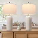 TOBUSA 23.5 Modern Ceramic Table Lamps Set of 2 for Living Room, Farmhouse Vintage Bedside Table Lamps with White Linen Shade, Rustic Bedroom Ceramic Lamps for Nightstand Home Office End Table Dorm (Cream-1)