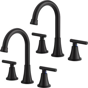 Bathroom Faucets for Sink 3 Hole, Hurran Matte Black Bathroom Sink Faucet with Pop-up Drain and Supply Lines, Stainless Steel Lead-Free Widespread Faucet for Vanity RV Farmhouse, 2 Pack