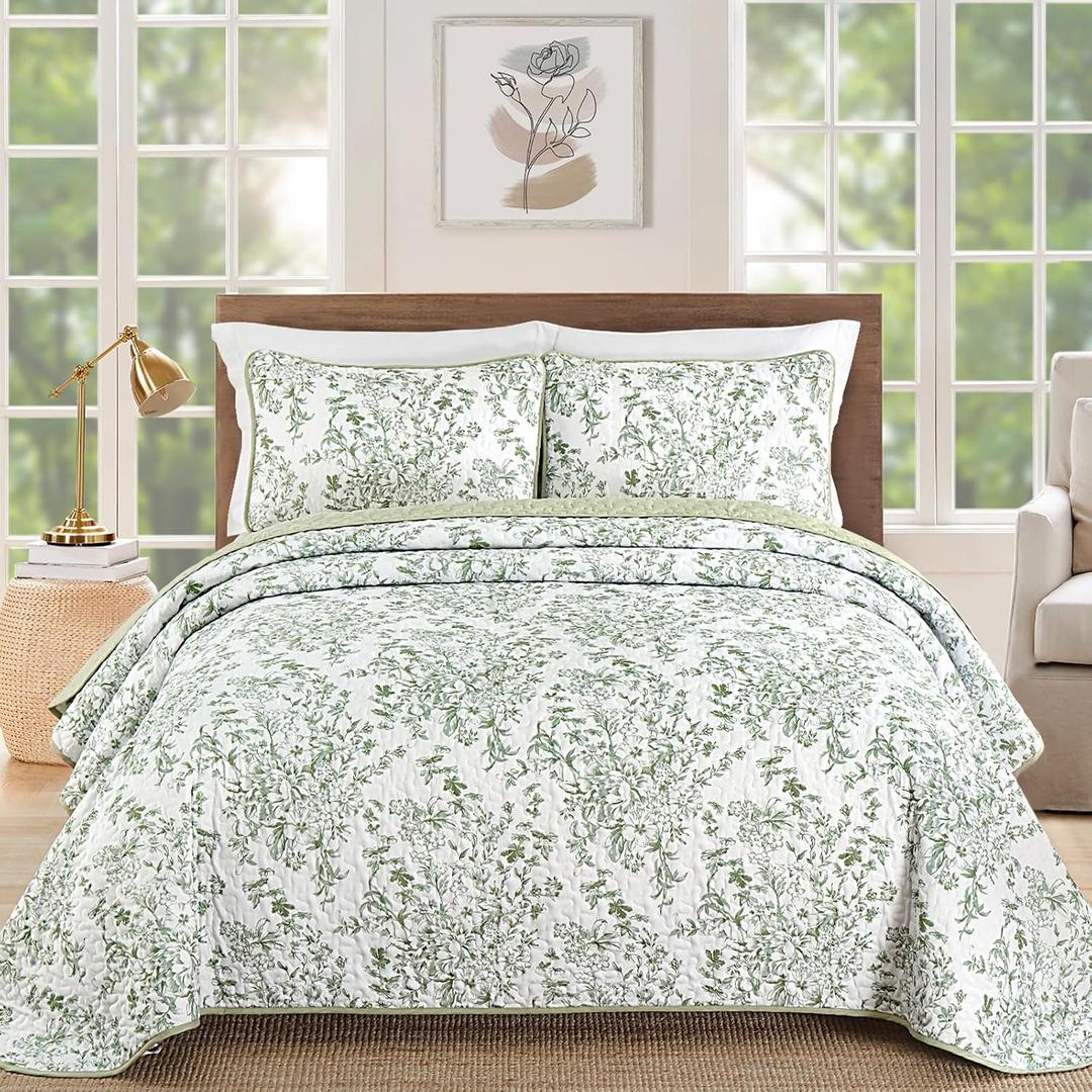 WONGS BEDDING Quilt King Size, Sage Green Quilt Bedding Set with 2 Pillowcases, Botanical Quilt for King Bed, Soft Microfiber Lightweight Coverlet Bedspread for All Season (110"90", 3 Pieces)