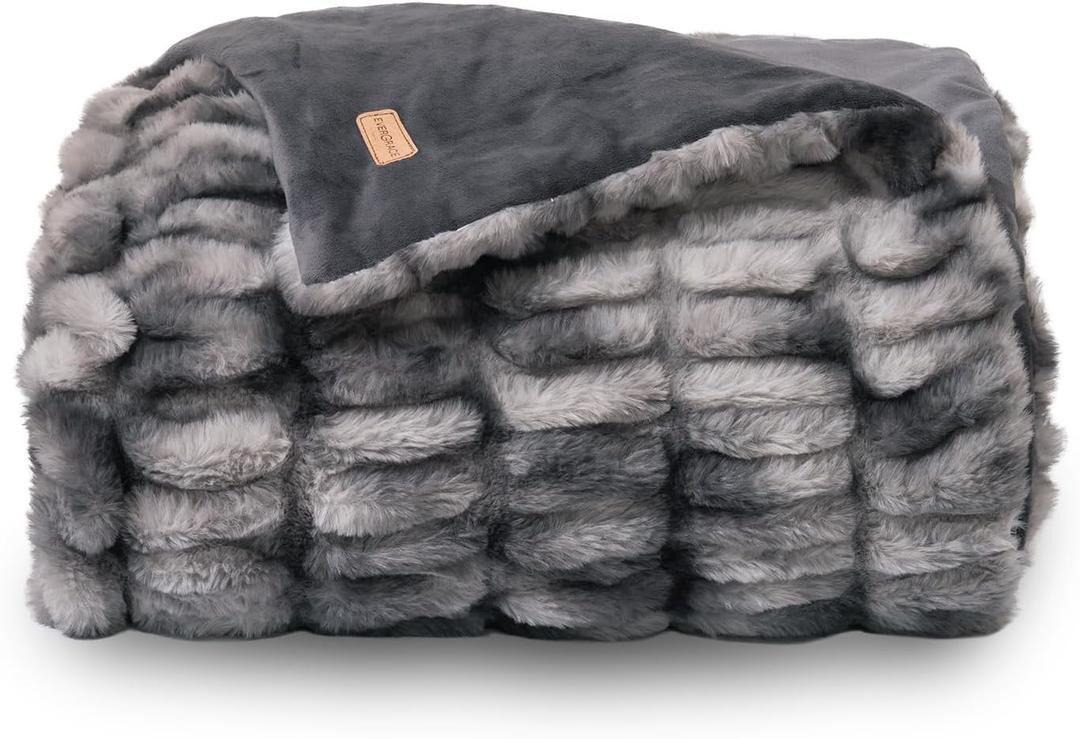 EVERGRACE Luxurious Soft Faux Rabbit Fur Throw Blanket, Cozy Fuzzy Plush Warm Throws for Couch Bed Sofa Chair Home Decor, Ruched Bubble Fluffy Blanket with Reversible Velvet, 60" x 80", Gray, Twin