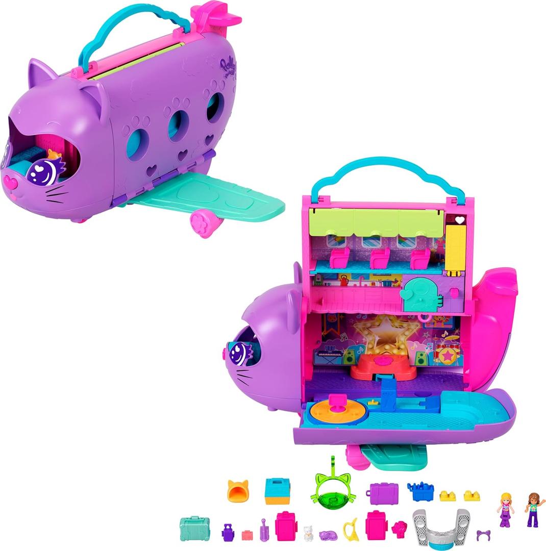Polly Pocket Dolls and Playset, Kitty Airways Airplane, Travel Toy with 2 Micro Dolls and Pet, Spinning Stage and Accessories