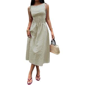Acelitt Summer Maxi Dresses for Women 2026 Smocked Waist Gingham Dress Flowy A Line Beach Long Sundresses with Pockets (Green, XXL)