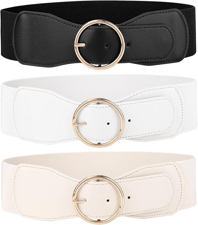 JASGOOD 3 Pack Women Wide Elastic Waist Belt for Dress Ladies Stretch Belt with Gold Round Buckle Suit for Waist size 26"-29"