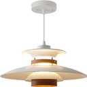 EFINEHOME Modern Decor Adjustable Pendant Lamp Kitchen Island, Aluminum and Wood Finish,1-Light E26 Base Ceiling Hanging Light for Dining Room Shop Restaurant (White+Dark Wood Grain, 35cm)