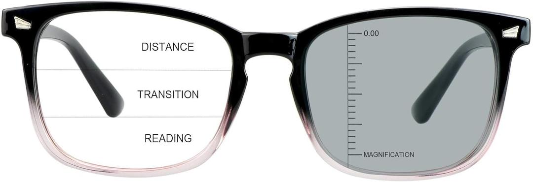 Vintage Square Progressive Multifocal Presbyopic Glasses, Photochromic Gray Sunglasses for Men Women Readers (Black Purple,+0.00/+1.50 Magnification)