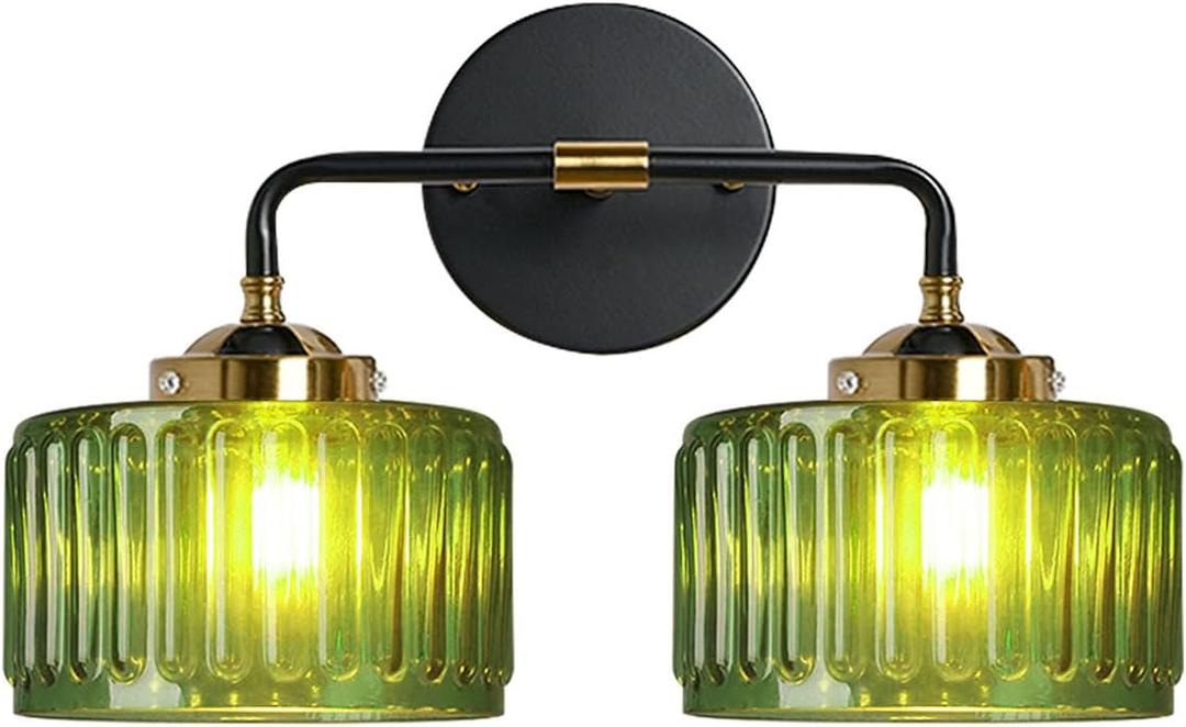 Bathroom Light fixtures Mid Century Wall Sconce 2-Lights with Green Striped Shade Glass Wall Mount Light Modern Vanity Lights for Over Mirror Bedroom Hallway Overhead