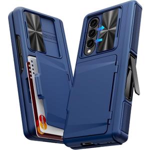 GBEE for Galaxy Z Fold 4 Case with Hinge Protection & Card Holder & Kickstand & Sliding Camera Protector, Built-in Screen Protector, Shockproof Phone Case for Samsung Z Fold 4 (Blue)