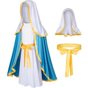 Irtysh Classic Girl Biblical Religious Virgin Mary Costume Fancy Dress Costume Headwrap Hat Waist Rope Set (10-11 Years)