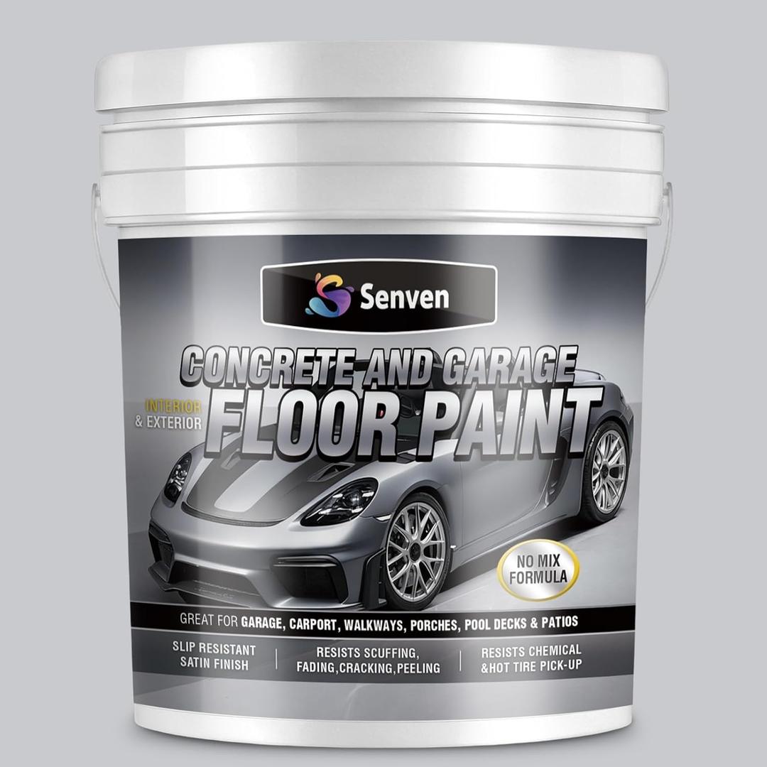 SENVEN 5 Gallon Acrylic Concrete & Garage Floor Paint Silver Gray, Interior/Exterior Concrete Paint for Basement Floors, Porches, Driveways Concrete Coating for Decks Semi Gloss, 640 Fl Oz