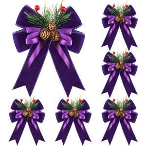 Syhood 6 Pcs Christmas Bows with Pine Cones Pine Needles Xmas Velvet Bows Purple Velvet Ribbon Christmas Tree Wreath Decoration for Xmas Parties Indoor Outdoor Crafts DIY Decor