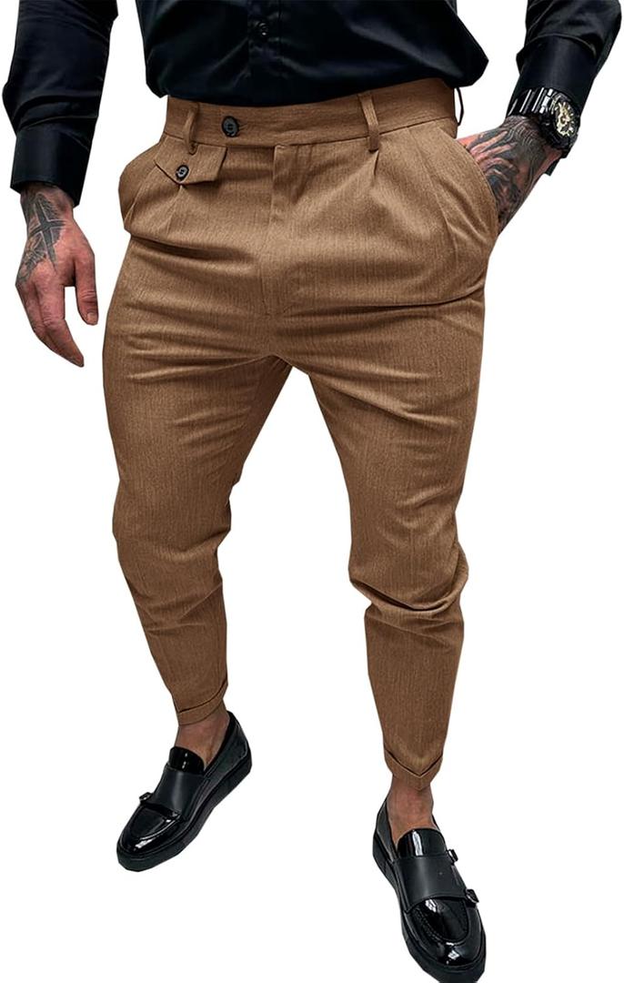 Runcati Mens Slim Fit Dress Pants Pleated Front Skinny Stretch Business Suit Trousers Classic Tapered Work Slacks (38, Brown)