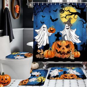pinata Halloween Shower Curtain Set, Halloween Bathroom Set 4, Bathroom Decor Sets with Shower Curtain and Rugs Accessories, Ghost Curtains for Bath Decor