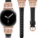 TOYOUTHS Celtic Knot Leather Band Compatible with Samsung Galaxy Watch 8 40mm 44mm/Watch 8 Classic 46mm Bands Women, No Gap One Click Slim Dressy Leather Strap with Designer Interlock Buckle (Black/Rose Gold)