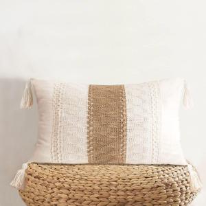 Lumbar Woven Farmhouse Accent Decorative Throw Pillow Cover for Couch Sofa - 12 x 20 Inch Boho Neutral Pillow Cushion with Tassels for Living Room, Natural Beige (1 Pack Single Stripe 12"x20")