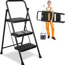 3 Step Ladder, Protable Steel Folding Stool with Wide Anti-Slip Pedal, 500lbs Sturdy Steel Ladder, Black
