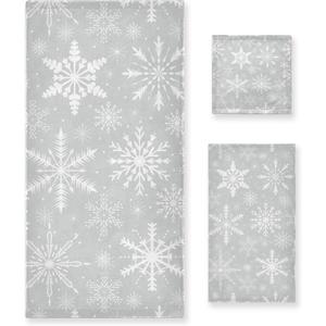 ALAZA Silver Snowflake Towel Set of 3 Soft Absorbent Towels for Kitchen, Beach, Gym, Spa (C01)