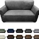 Loveseat Sofa Slipcover Leather Look Couch Covers for 2 Seater Couch Sofa 1-Piece Sofa Cover Stretch Furniture Protector with Elastic Bottom & Pockets(Loveseat, Grey)