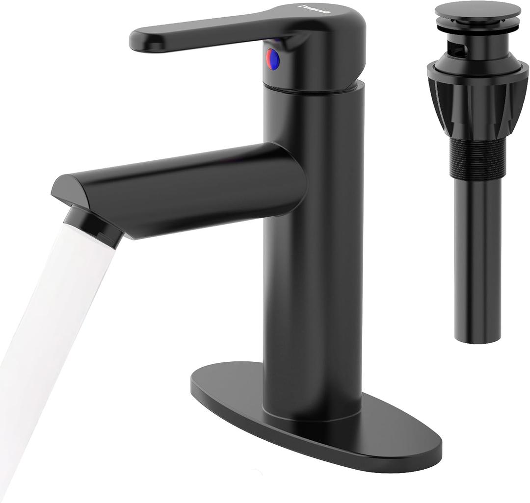 Bathroom Sink Faucet One Hole,Lavatory Tap for Basin,Matte Black Bathroom Sink Faucet with Metal Pop Up Drain Assembly Bathroom Faucet 1 Hole with 3 Hole Deck Plate