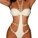 OYOANGLE Women's Strappy Beaded Halter Monokini Cutout Backless One Piece Swimsuit Cheeky Beach Leotard (Medium, Beige)