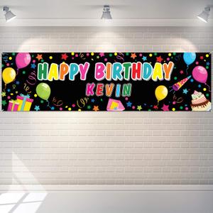 Tatuo Personalized Birthday Banner with Name DIY Colorful Happy Birthday Banner Backdrop with Alphabet Stickers Custom Name Backdrop for Outdoor and Indoor Party Decoration(Black)