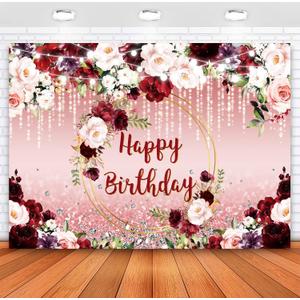Sensfun Floral Happy Birthday Backdrop Burgundy Flowers Rose Gold Glitter Bokeh Spots Photo Background Vinyl Women Birthday Party Cake Table Decorations Photoshoot Banner (10x6.5ft)