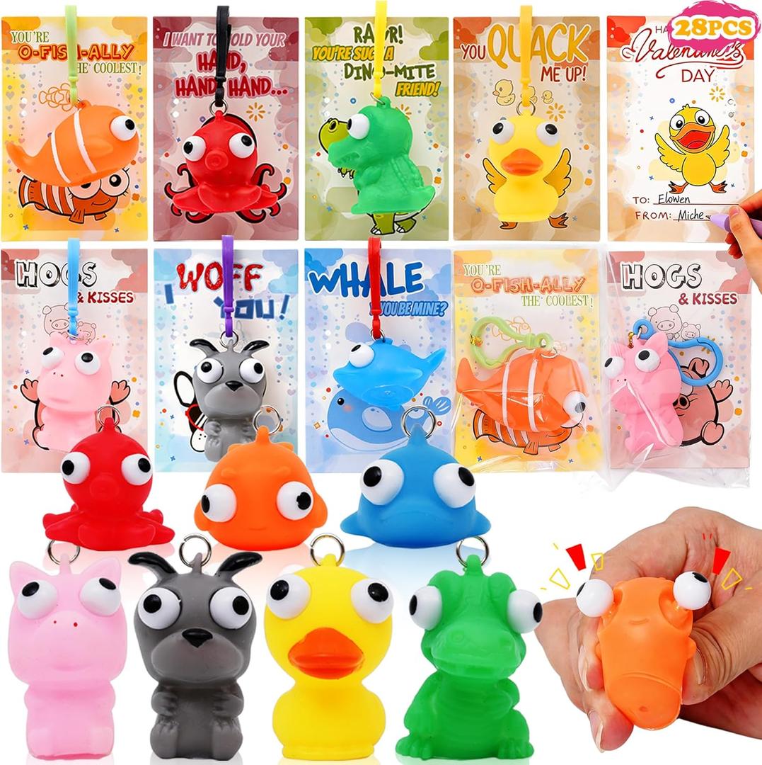 28 Valentines Day Gift Cards with Popping Eye Stress Relief Squeeze Toys for Kids School Classroom Valentines Exchange, Valentines Party Favors, Prize Rewards
