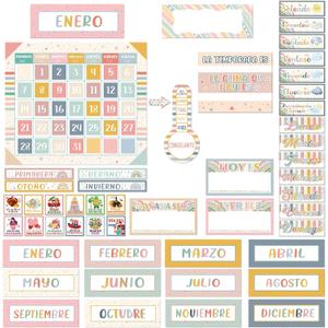 85 Pcs Spanish Classroom Calendar Back to School Bulletin Board Set Seasons Weather Days of the Week Chart Bulletin Board Calendar Set for Elementary Preschool Chalkboard Decor (Boho)
