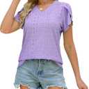 Womens T Shirts Trendy 2025 Eyelet V Neck Tops Loose Short Sleeve Shirts Casual Summer Beach Vacation Clothes (Small, Purple)