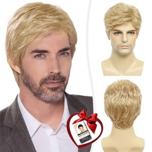 DDHAIR Mens Blonde Wig Short Natural Fluffy Layered Synthetic Wavy Hair Wigs for Men Male Daily Halloween