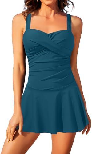 Aqua Eve One Piece Swim Dress Tummy Control Swimsuit with Skirt Modest Bathing Suit Vintage Swimdress XL Teal Color