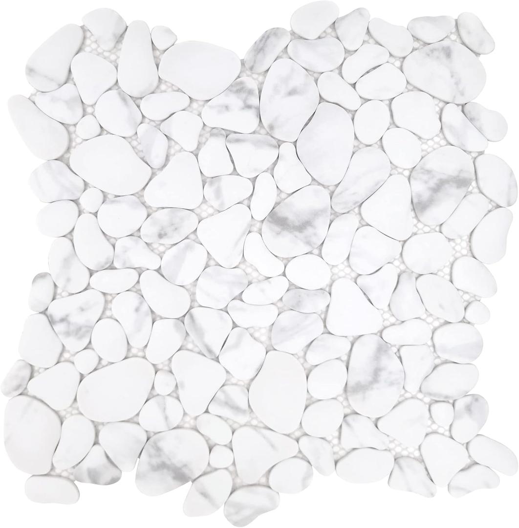 SUNWINGS 10-Sheet Pebble Tile for Shower Floor Border Kitchen Bathroom Backsplash, Carrara White Recycled Glass Marble Stone Looks Wall and Floor Tile, Covers 7.9 Sq. Ft