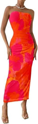 PRETTYGARDEN Women's Summer Wedding Guest Dress Strapless Tube Top Maxi Bodycon Long Floral Mesh Beach Vacation Party Dresses, S