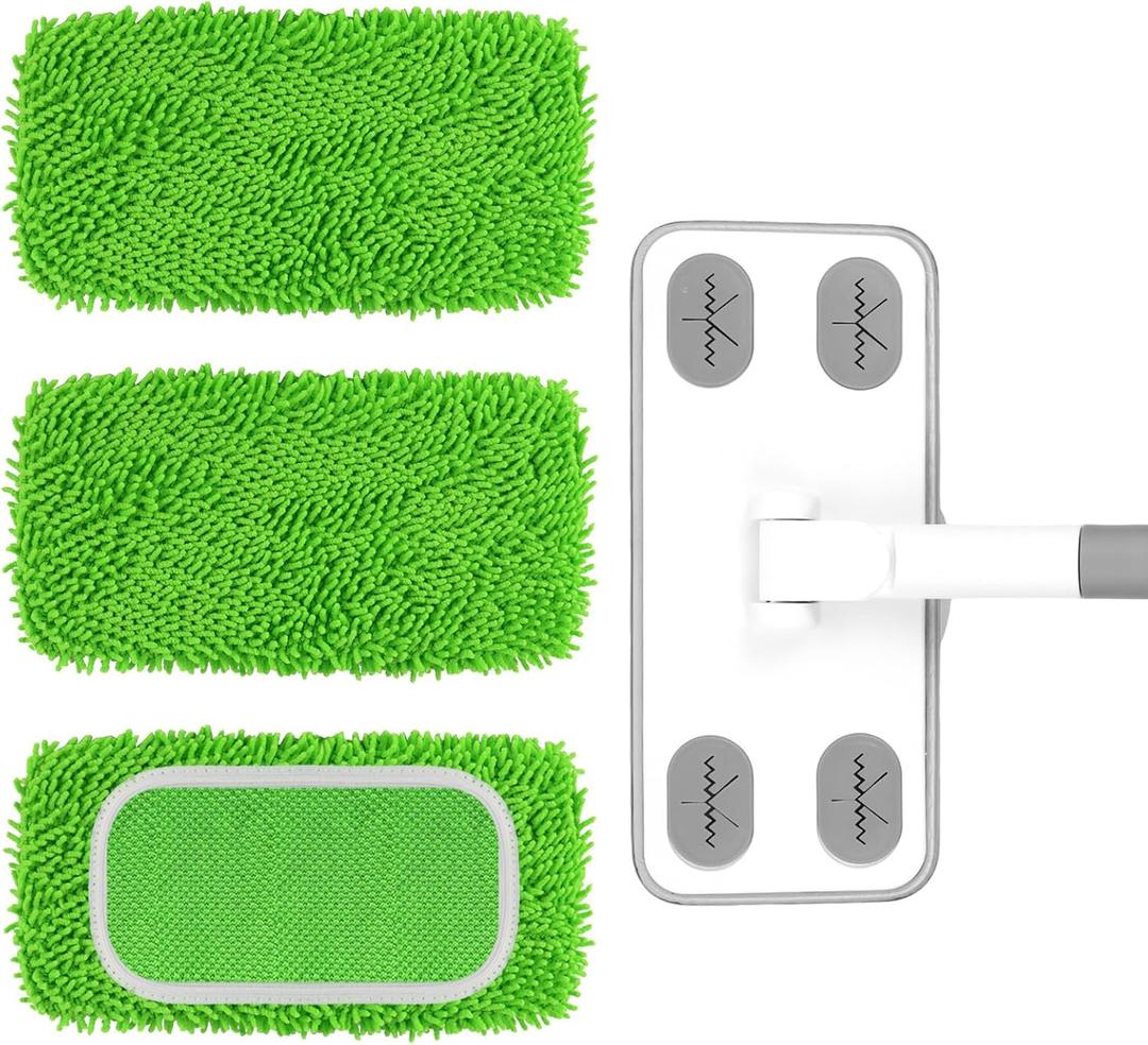 Reusable Microfiber Floor Mop System, Wet & Dry Sweeper Kit, Includes 1 Sweeper Handle, 3 Washable Chenille Mop Pads, Dry & Wet Use for Hardwood, Tile, and Laminate Floor
