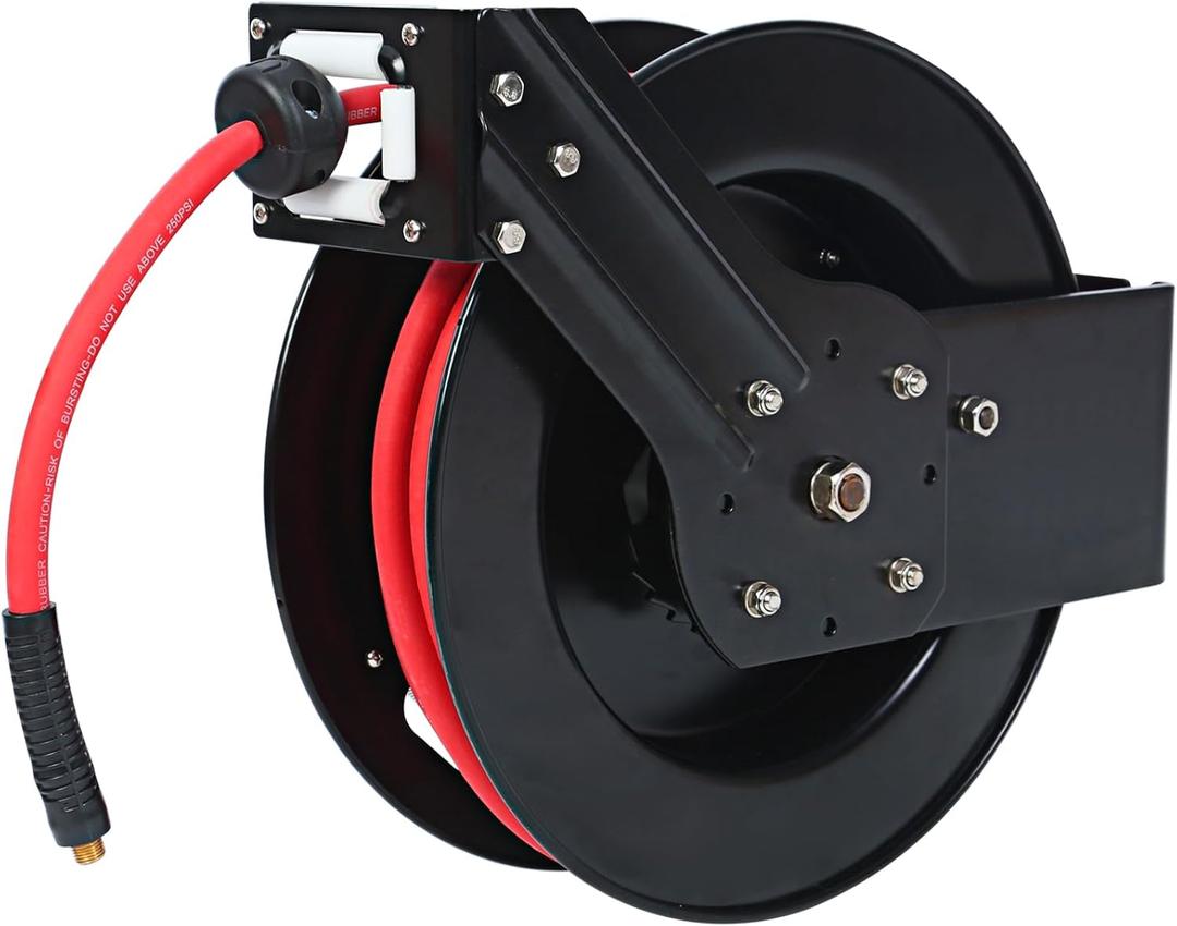 MaxWorks 50 Foot Auto Rewind Retractable Air Hose Reel with 3/8" Rubber Hose 250 PSI Heavy Duty Steel Spring Multi Position Ratchet and Solid Brass Fittings for Garage and Workshop (80720)