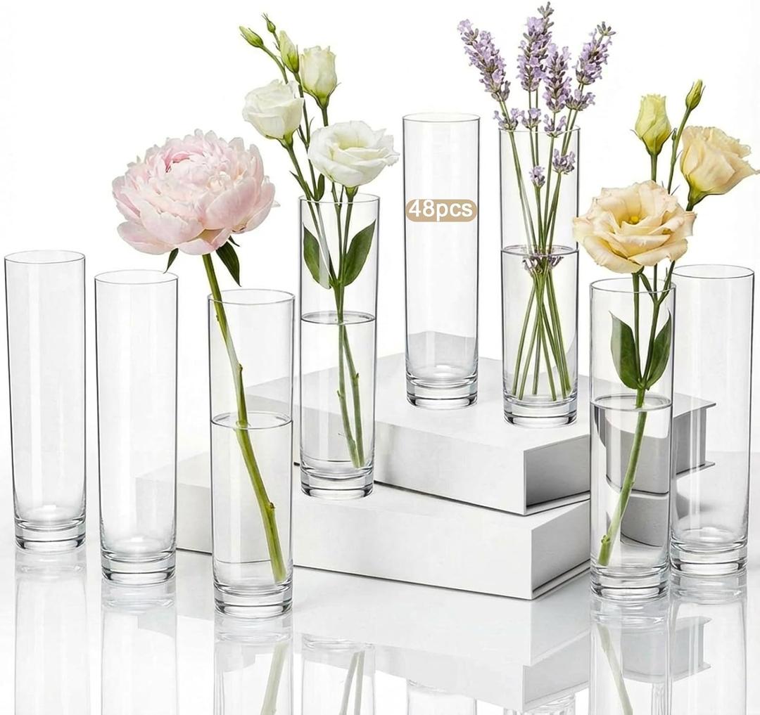 Didaey 48 Pcs Acrylic Cylinder Bud Vases for Centerpieces, Acrylic Plastic Tall Flower Vase Clear Small Vases Bulk for Single Rose Table Centerpiece Wedding Home Indoor Desk Office Party Decorations