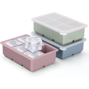 Silicone Ice Cube Trays 3 Pack - Large Size Silicone Ice Cube Molds with Leak Proof Removable Lid Square Ice Cube Tray And BPA Free for Cocktail,Whiskey, Stackable Flexible Ice (Blue Pink Green)