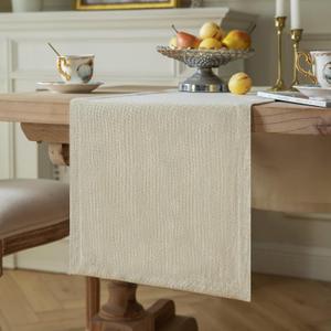 ZeeMart Burlap Style Farmhouse Table Runners 90 Inches Long, Cream Rustic Woven Dining Table Runner for Everyday Use, 14x90 Inches, Cream