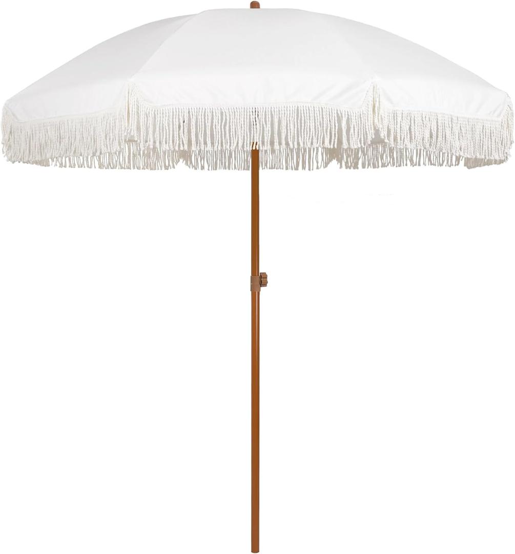 AMMSUN 7ft Patio Umbrella with Fringe Outdoor Tassel Umbrella UPF50+ Premium Steel Pole and Ribs Push Button Tilt, Cream White